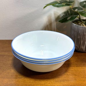 Corelle Corning Vitrelle Cereal Bowls Set of 3 Milk Glass White with Blue Rim