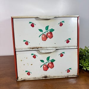Vintage Decoware Double Decker Bread Box Apple Fruit Metal 2 Door MCM Primitive