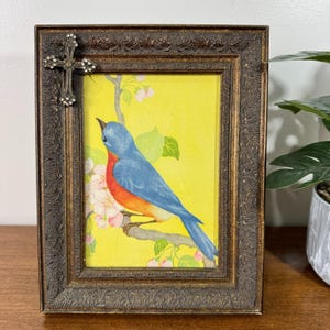 Fern Bisel Peat Bluebird Print Framed Wall Art Cottage Core Cross Rhinestones