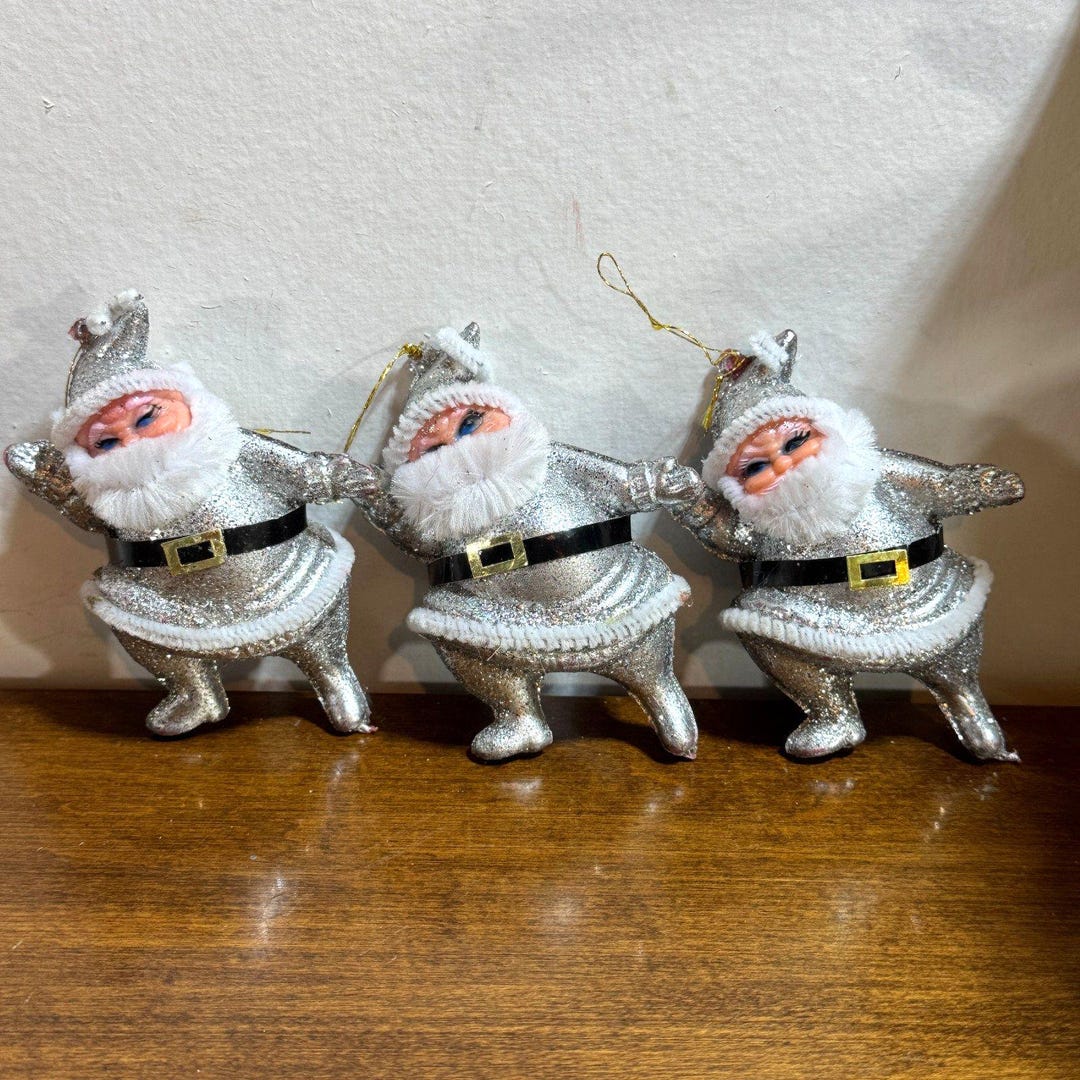 Silver Santa Vintage Silver Flocked Santa Glitter Ornaments Set of 3 - Etsy