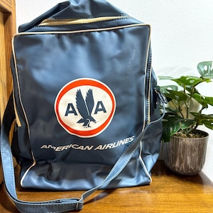 Vintage American Airlines Logo Travel Bag 1960s Blue Vinyl Airline Carry-On Tote