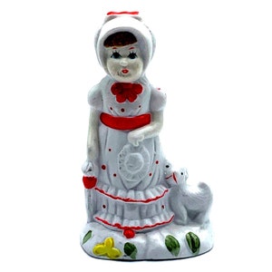 Vintage Girl Figurine with Puppy Dog Red White Polka Dot Dress 4.5 inches