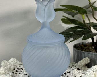 Portavelas vintage Partylite de cristal azul esmerilado con diseño de tulipán en espiral, con tapa, fabricado en Taiwán.