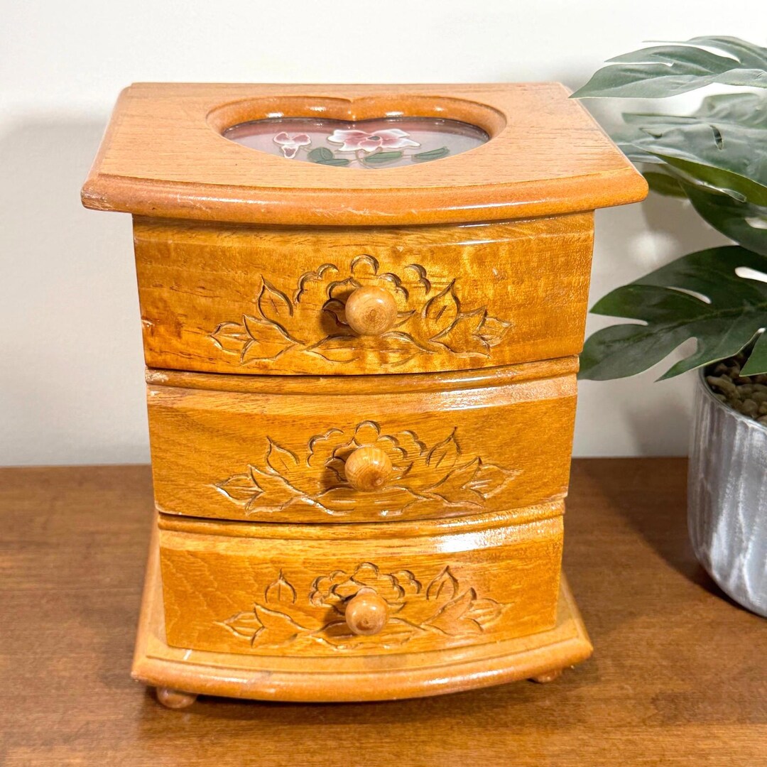 Vintage Wooden Dresser Jewelry Box 3 Drawers Pink Velvet Lined Ring ...