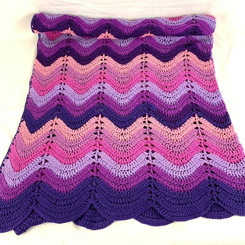 Vintage Handmade Afghan Throw Blanket Crocheted Purple Ombre Chevron Zig Zag