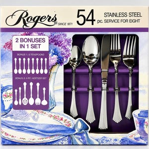 May include: A 54-piece stainless steel flatware set for eight by Rogers, featuring a box with floral illustrations. The set includes a teaspoon, soup spoon, dinner knife, dinner fork, and salad fork, plus bonus teaspoons and a hostess set.