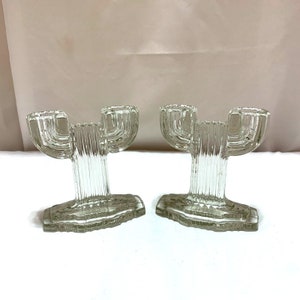 2 Anchor Hocking Candlesticks Holders Queen Mary Saguaro Cactus Art Deco Glass