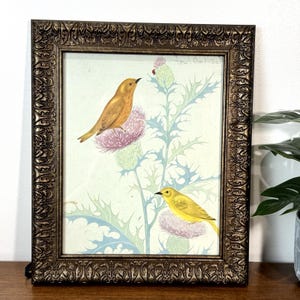 Vintage-Kunstdruck eines Vogels, gerahmt, Farn, Bisel Peat, verzierter Rahmen, 10,5 x 12,5 cm, gelber Singvogel