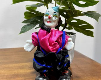 Figura de payaso de porcelana vintage con cuerpo blando de 15 cm de alto