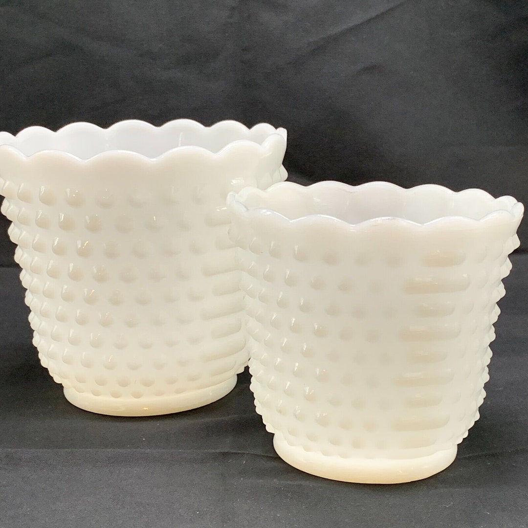 Vintage Fire King Hobnob Milk Glass Bowl Vase Planter Set of 2 Etsy