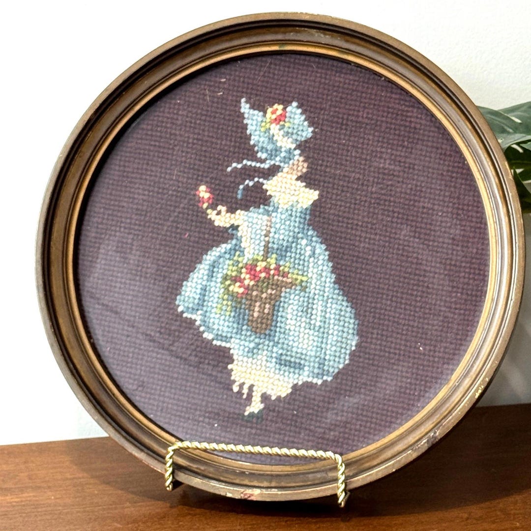 Vintage Framed Needlepoint Picture Girl in Blue Bonnet Flower Basket 10 ...