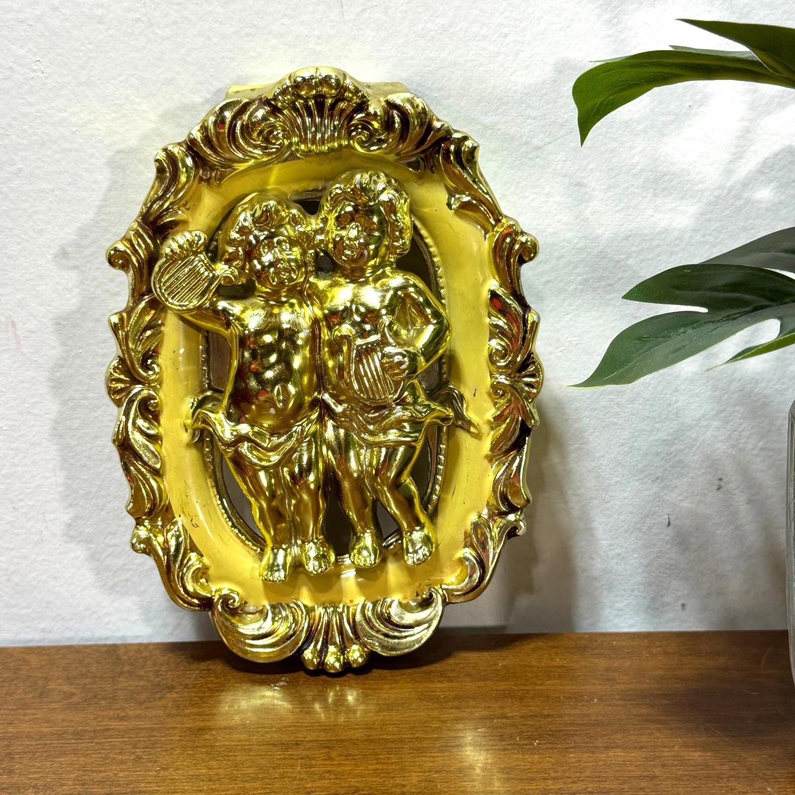 Antique Japan Chalkware Cherub Figural Wall Decor Gold 6.5