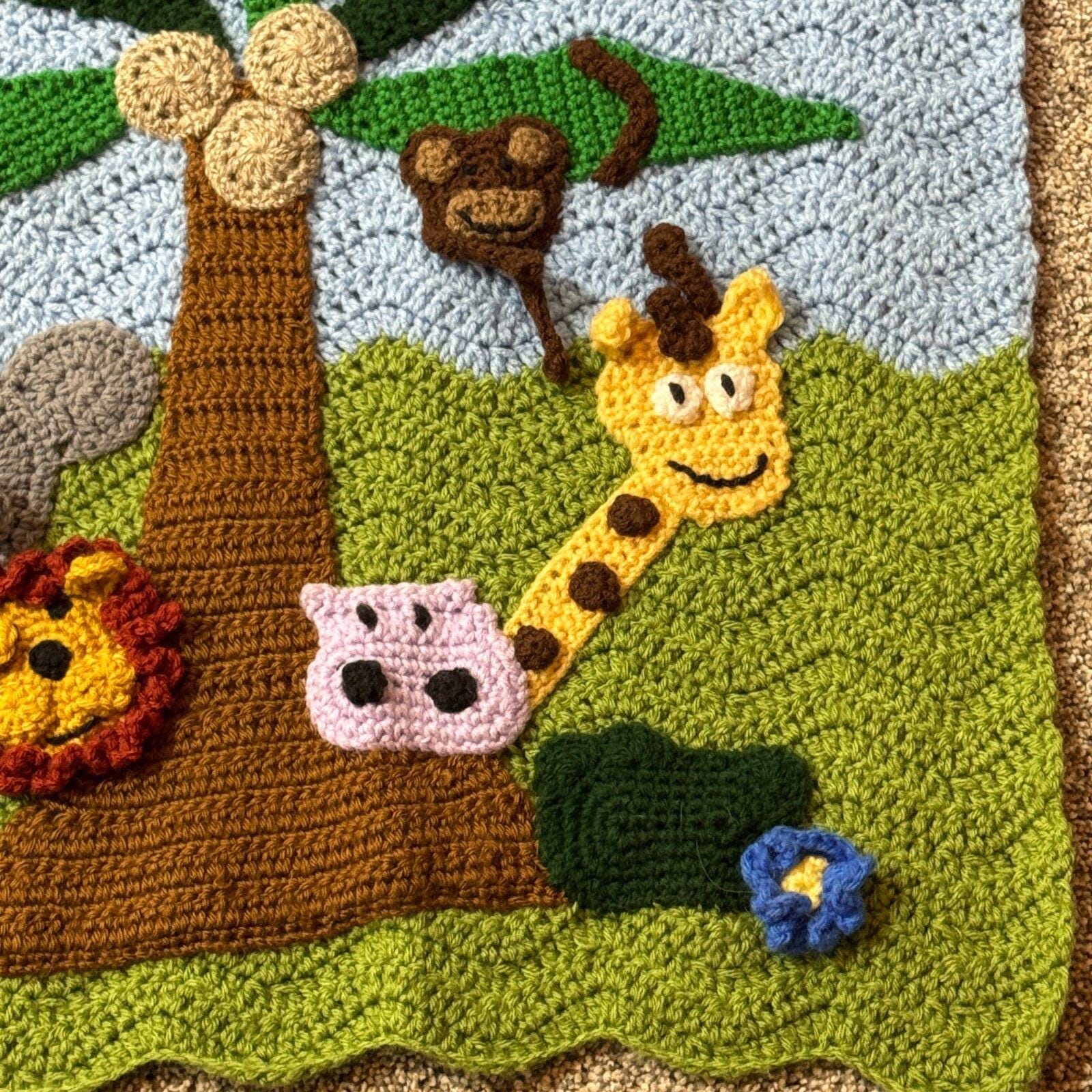 Jungle Theme Crochet Baby Blanket With Animals 25x29 Nursery Wall ...