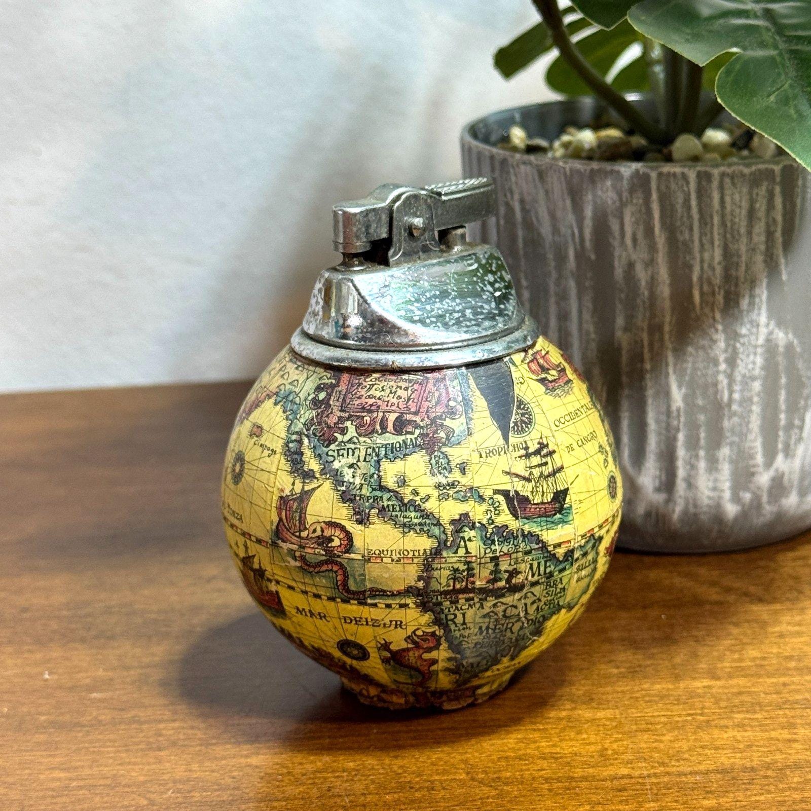 Vintage Globe Table Lighter Antique World Map Cork Bottom