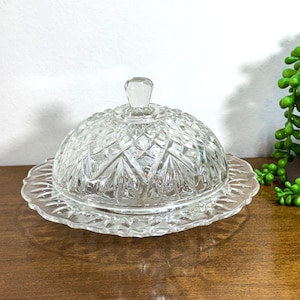 Vintage Covered Butter Dish Presscut Clear Pressed Glass Anchor Hocking 7&quot; Round