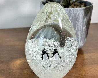 Art Glass Penguin Paperweight Clear White Black Ocean Scene Abstract Sculpture