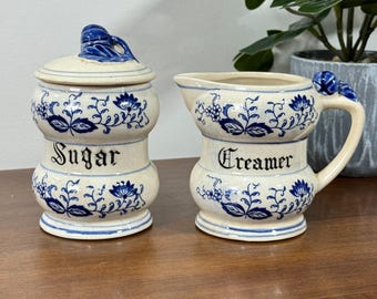 Vintage Blue Onion Zuckerdose mit Deckel und Milchkännchen Made in Japan White