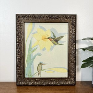 Vintage Fern Bisel Torf Kolibri Druck Gelbe Lilie Vogel Kunst Verzierter Rahmen
