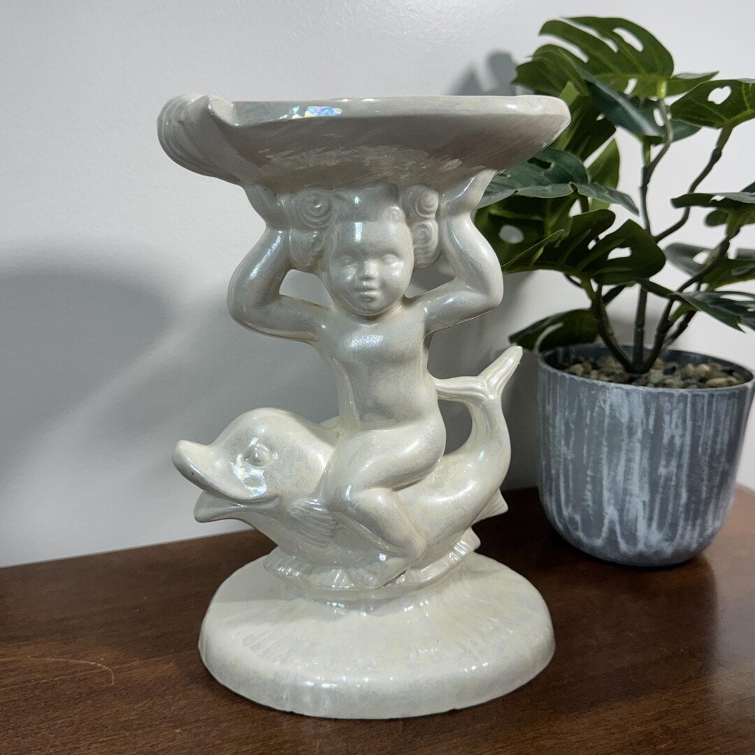 Vintage Holland Mold Cherub Riding Dolphin Figurine Iridescent