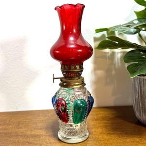Vintage Oil Lamp Made in Hong Kong Flash Colors Pressed Glass Red Globe Brass