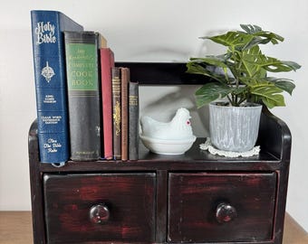 Vintage handgemaakte houten kookboekstandaard, recept, 2 lades, opbergruimte op aanrecht
