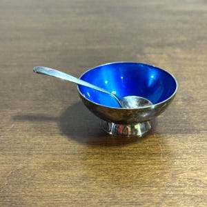 Silver Plate Blue Enameled Salt Dish and Spoon Miniature 2&quot;