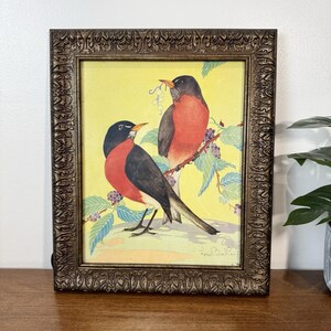 Vintage-Kunstdruck „Rotkehlchen“ von Fern Bisel Peat Robin, gerahmt in einem verzierten Rahmen, 10,5 x 12,5 Zoll