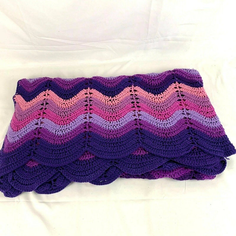 Vintage Handmade Afghan Throw Blanket Crocheted Purple Ombre Chevron Zig Zag