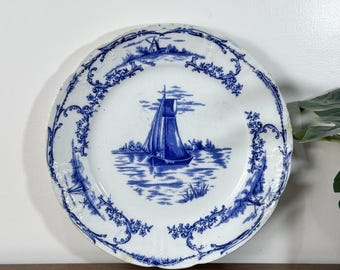 Antieke F Winkle & Co DELPH blauwwitte transferware collectorplaat zeilboot