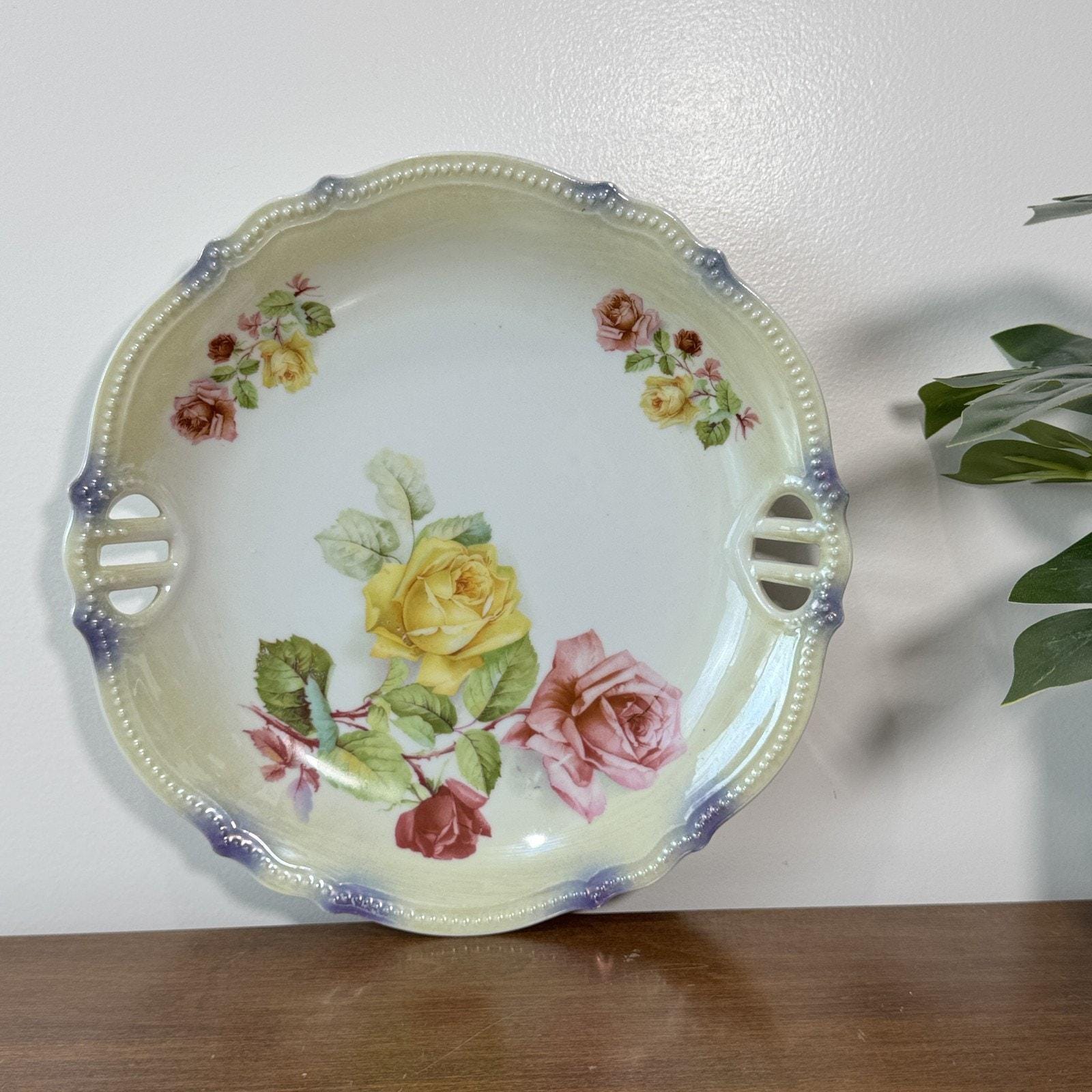 Antique P.K. Silesia Hand Painted Roses Floral Reticulated Plate