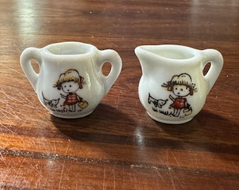 Vintage Miniature Japanese Tea Set Creamer and Sugar Bowl Girl and