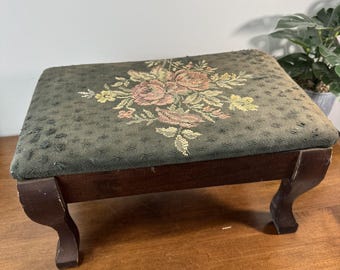 Vintage Electric Heated Footstool Ottoman Dark Green Floral Embroidered Wood