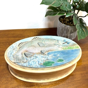 ceramic fishing box Vintage Largemouth Bass Fishing Trinket Box Ceramic Oval 1991 Handmade Dad  Gift