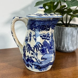 Vintage Moriyama Blue Willow Coffee Pot Pitcher Lid Blue White Transferware 1930