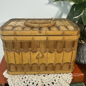 Puede incluir: Una cesta rectangular de bambú con asa en la parte superior. La cesta es de color marrón claro con detalles en marrón oscuro y costuras decorativas. La tapa y los laterales tienen un diseño festoneado. La cesta está sobre una pila de libros.