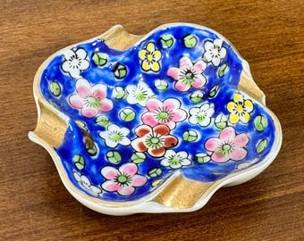 Posacenere/portagioie vintage giapponese in ceramica dipinta a mano con motivi floreali, blu e oro