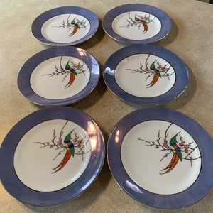 Vintage Noritake Papagei Vogel Dessert Teller 6er Set Goldrand Blau Weiß M Japan