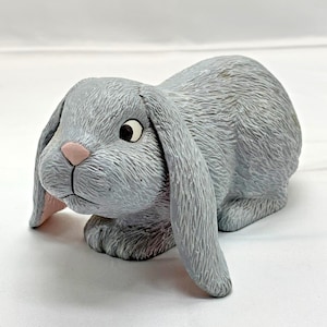 Vintage Ceramic Bunny Rabbit Figurine Hand Painted Handmade Grey 1986