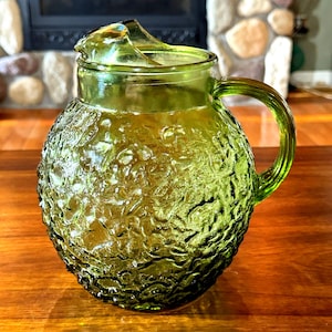 Anchor Hocking Ball Pitcher Lido Milano Avacado Glass 96 oz Ice Lip Vintage MCM