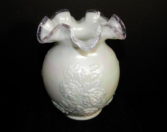 Fenton White Opalized Lavender Crest Vase