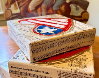 Hand painted patriotic sheet music collage art on canvas