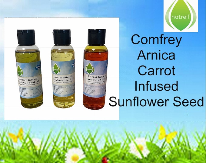 Our range of 3 Infused herbal extract oils in Sunflower Seed Oil. Comfrey, Carrot and Arnica.