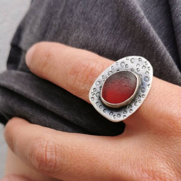 Red seaglass statement ring