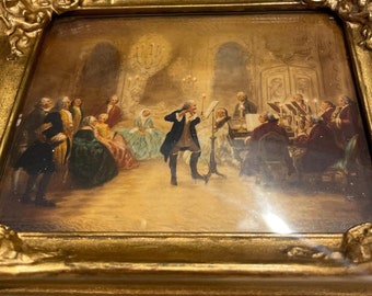 Antique german miniature painting. CONVEX glass. molded and golded frame. UNIQUE. master. masterpiece. miniature painting. flute concert
