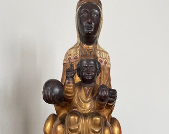 Antique Santos. Virgin Mary with Jesus Child. Black Virgin and Child. 25cm