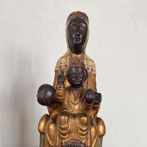 Antique Santos. Virgin Mary with Jesus Child. Black Virgin and Child. 25cm
