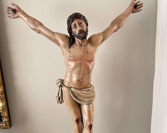 Masterpiece. Antique sculpture of Christ carved in wood and polychrome. Glass eyes. Art museum religious catholic Altar Jesus Christ