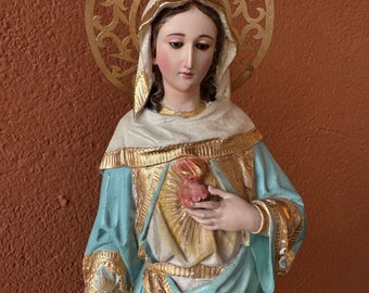 Antique carved wood. Saints. Virgin Mary, 19th-century wood. Virgin Mary, Heart of Jesus. Glass eyes. Jesus. Religious art.
