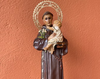 Saint Anthony of Padua with Jesus Child. Antique. Glass eyes. Religious. catholic. Saints. Spain sculpture. Christian art. church