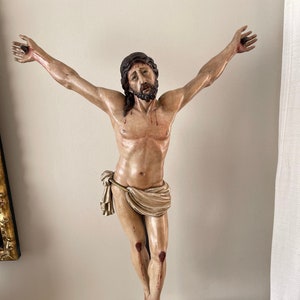 Masterpiece. Antique sculpture of Christ carved in wood and polychrome. Glass eyes. Art museum religious catholic  Altar Jesus Jesucristo